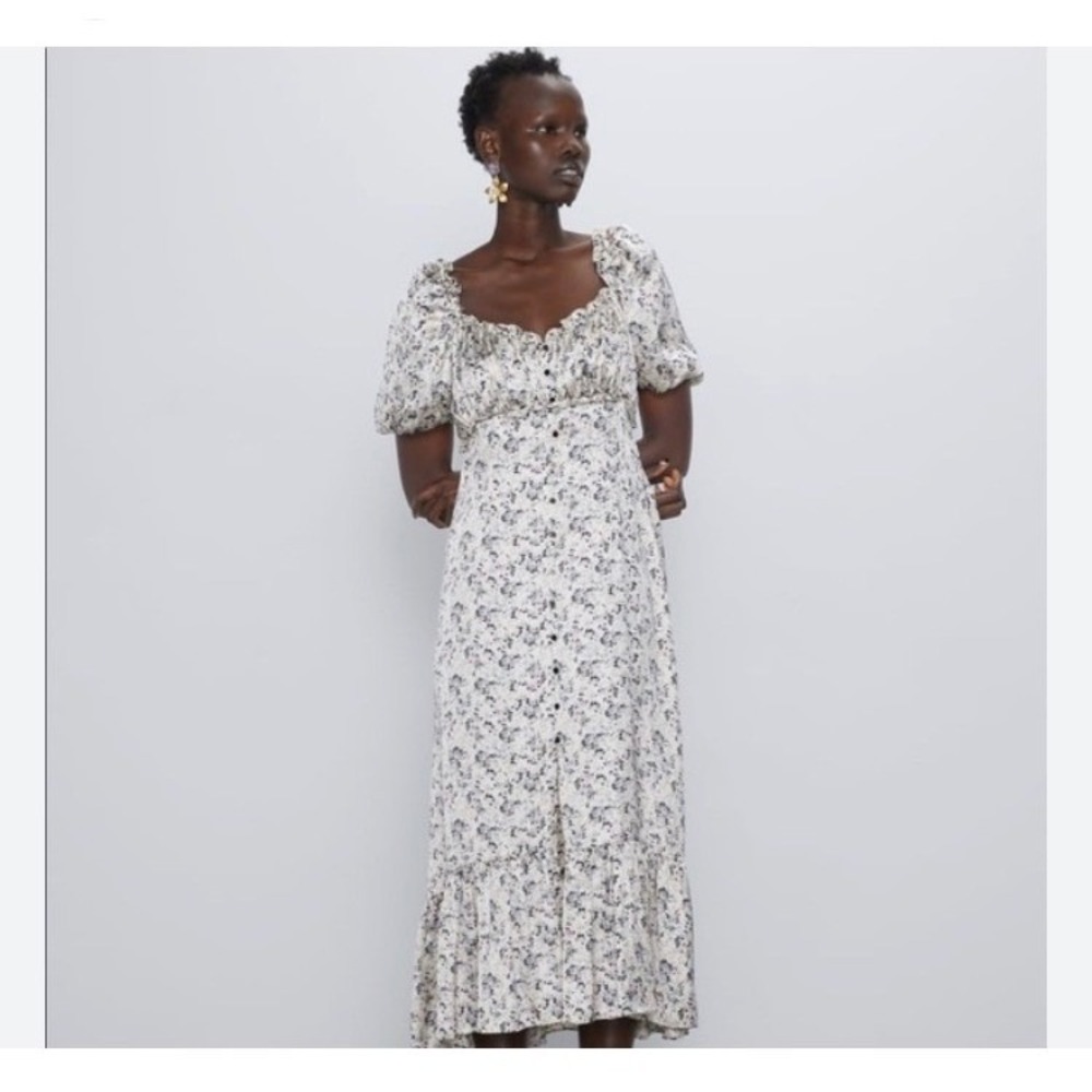 Zara satin floral milkmaid maxi dress flowy cottagecore puff sleeve women medium